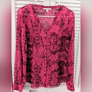 CAbi Top Women's S Sheer Pink Paris Floral Long Sleeve Blouse Feminine Romantic